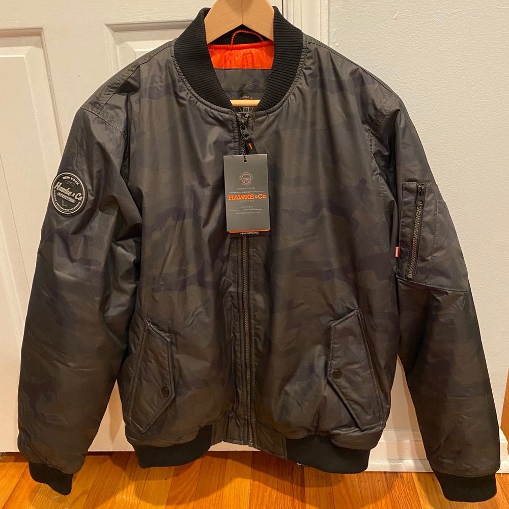 Hawke & Co Camo Bomber Mens Jacket Black Grey NWT